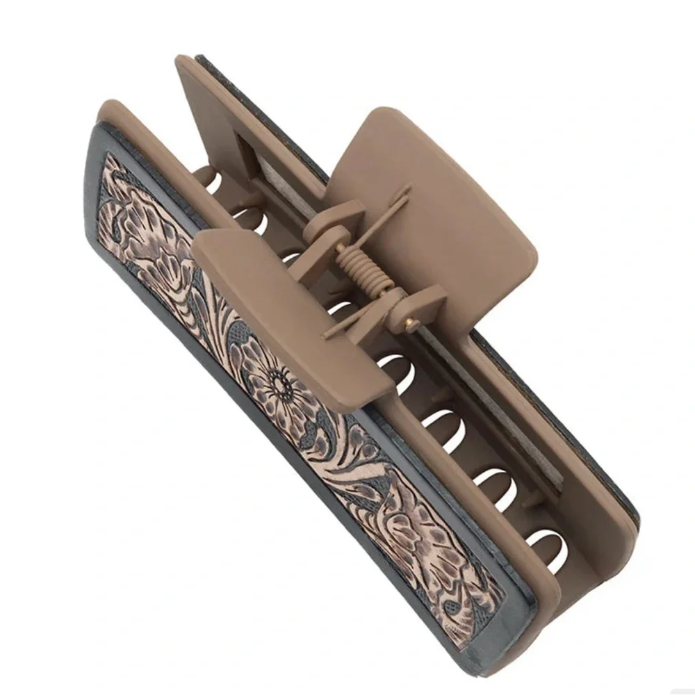 Myra Hair Large Comb Clip In Hand Tooled Leather accented in Black- New